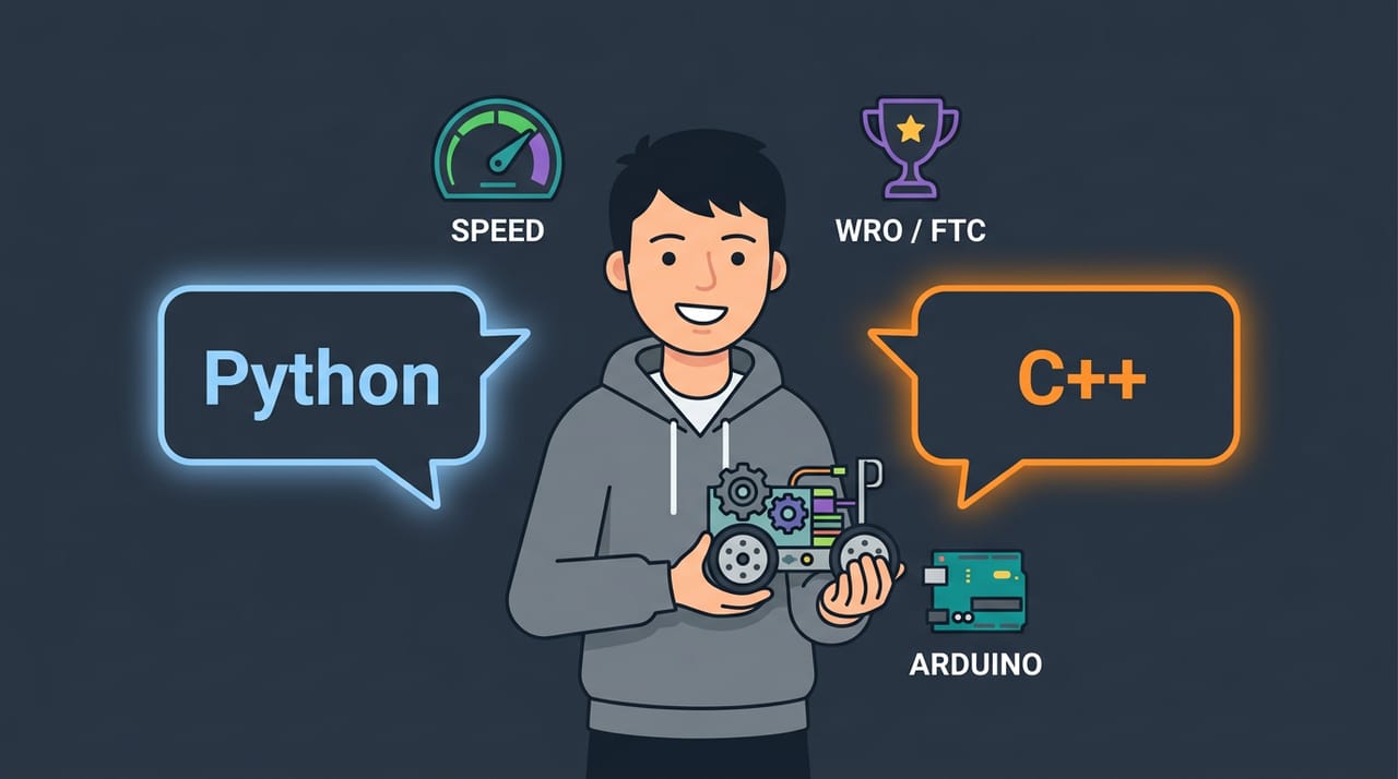 مهندس نوجوانِ دوزبانه بین دو حباب گفتوگو با برچسبهای Python و C++، یک ربات دوچرخ در دست، و سه نشان شناور: سرعت، جام مسابقات، و ماژولهای Arduino