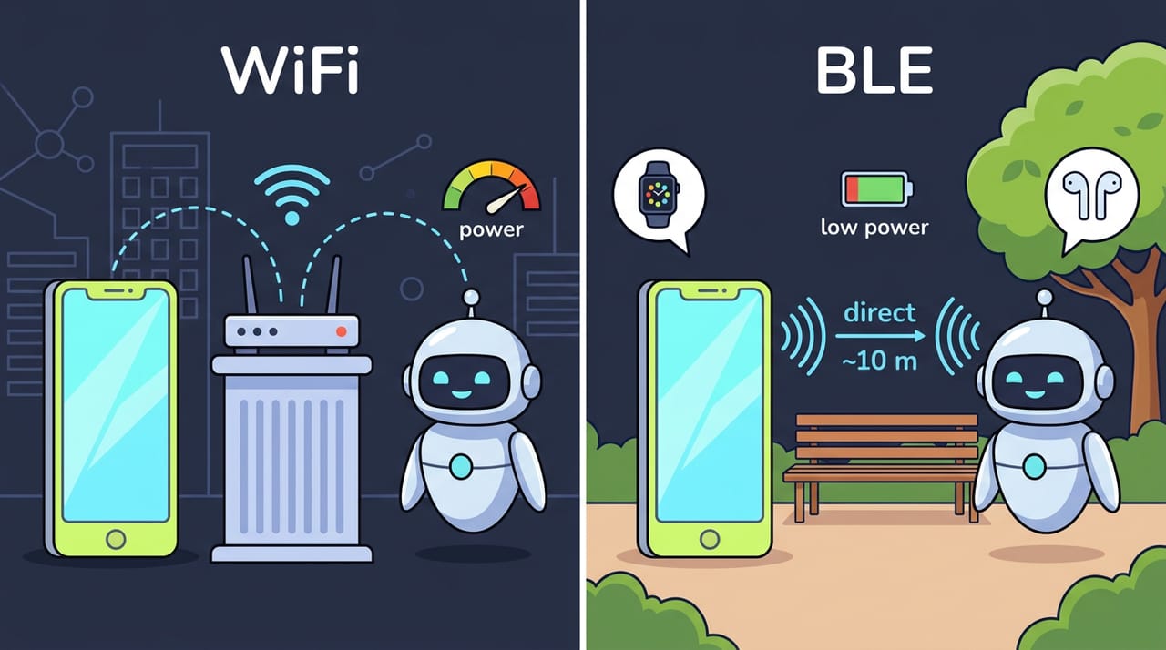 مقایسهٔ دو-پنله: سمت چپ WiFi با یک روترِ مرکزی که گوشی و ربات با خطچین به آن وصلاند و مصرف بالا؛ سمت راست BLE که همان گوشی و ربات مستقیم مثل دو واکیتاکی با موج کوتاه رادیویی حرف میزنند، با برچسب «direct» و «~10 m» و باتریِ تقریباً پر