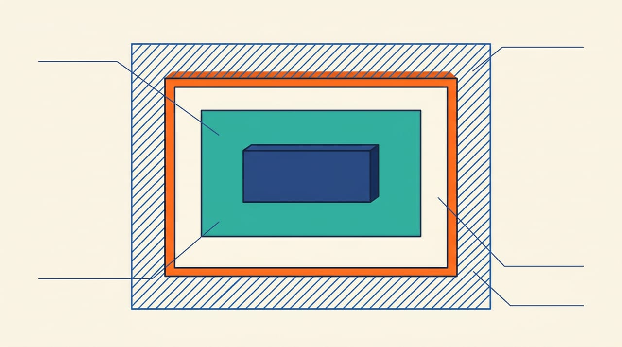 نمای بازشدهٔ یک جعبه در CSS: از درون به بیرون، محتوا، بعد لایهٔ padding، بعد border، بعد margin — چهار لایهٔ تودرتو با رنگهای جدا