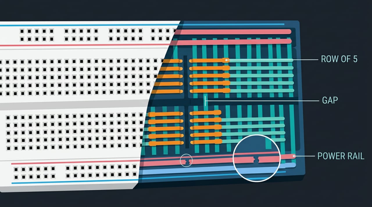 نمای اشعه ایکس از Breadboard: نیمی از صفحه پلاستیک سفید معمولی و نیم دیگر برداشته شده تا تیغههای فلزی پنهان زیر سوراخها دیده شوند — تیغههای کوتاه ۵سوراخی در وسط، ریلهای بلند قرمز و آبی در دو لبه، شکاف وسط که تیغهها از روی آن رد نمیشوند و یک قطعی کوچک وسط ریل که با ذرهبین برجسته شده