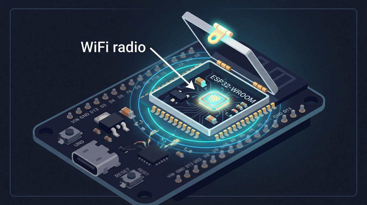 برشی نمایشی از برد ESP32: قاب فلزی ماژول ESP32-WROOM مثل درِ صندوق گنج بالا رفته و داخلش یک فرستندهٔ رادیوییِ ریزِ درخشان با موجهای آبیِ کمرنگ که تازه شروع به پخششدن کردهاند، با فلش و برچسب WiFi radio
