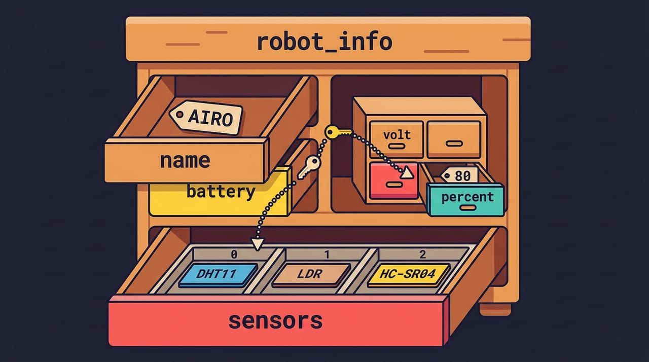 قفسهٔ تودرتوی JSON: قفسهٔ بزرگی با عنوان robot_info و سه کشوی name و battery و sensors؛ کشوی battery باز است و داخلش قفسهٔ کوچکتری با دو کشوی volt و percent دیده میشود، و کشوی sensors یک جایچیپیِ شمارهدار با برچسبهای DHT11 و LDR و HC-SR04 دارد؛ یک مسیرِ نقطهچین با دو کلید، دو قدمِ رسیدن به percent را نشان میدهد