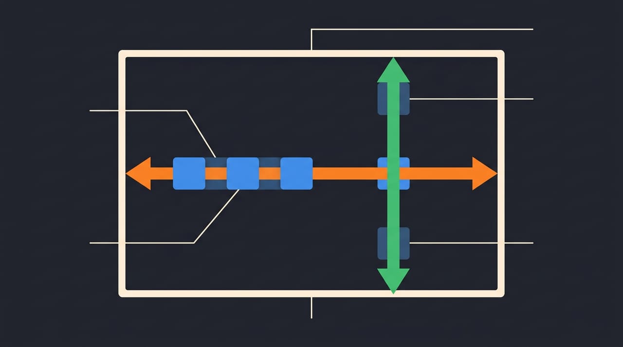 طرحوارهٔ تفاوتِ justify-content و align-items: یک پیکانِ افقی که نشان میدهد justify-content روی main axis کار میکند و یک پیکانِ عمودی که نشان میدهد align-items روی cross axis کار میکند