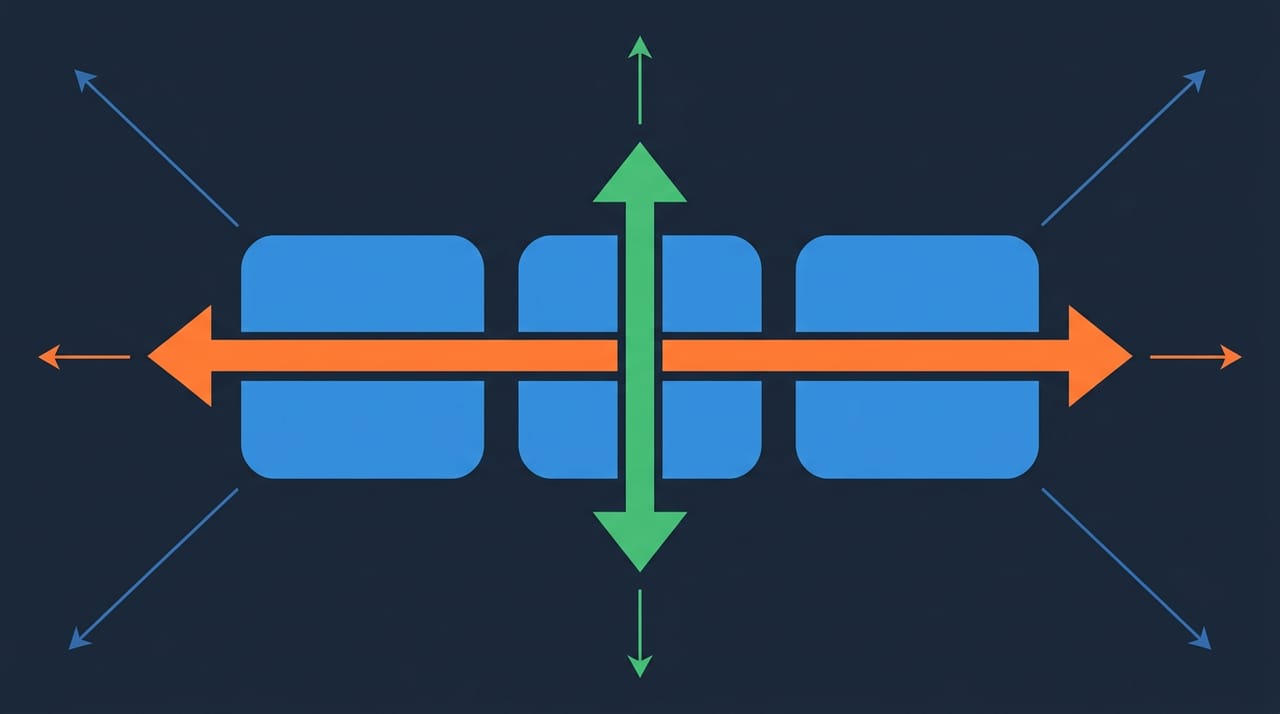 طرحوارهٔ دو محور در flexbox: سه کارت در یک ردیف، یک پیکانِ افقی بهعنوان main axis که در امتدادِ کارتها میرود و یک پیکانِ عمودی بهعنوان cross axis که عمود بر آن است