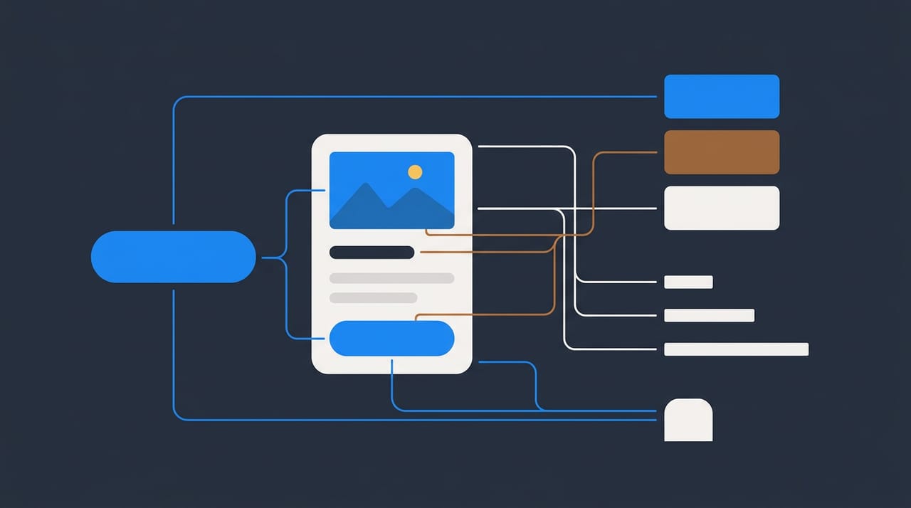 چند design token در یک ستون سمت راست — چند نمونهٔ رنگ، چند پلهٔ فاصله، یک شکلِ گوشهٔ گِرد — که با خطوطی به یک کارت و یک دکمه در سمت چپ وصل شدهاند و رنگ و فاصلهٔ آنها را تغذیه میکنند