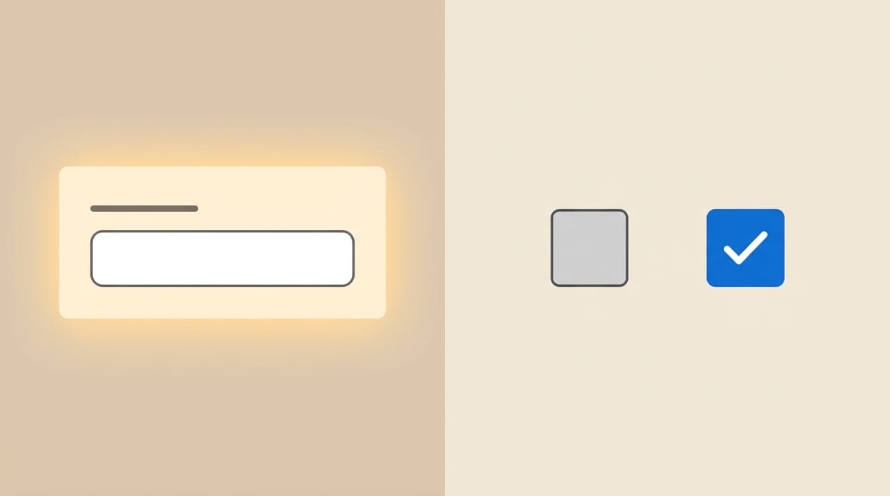 یک checkbox پیشفرضِ خاکستری در برابر همان checkbox که با accent-color تیکخورده و آبی شده است؛ کنارشان یک ردیفِ فرم که با focus-within یک هالهٔ ملایم گرفته