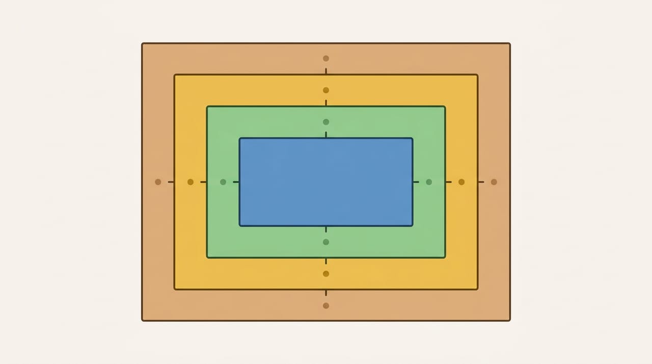 نمودارِ box model در DevTools: چهار مستطیلِ تودرتو که از داخل به بیرون content، padding، border و margin را نشان میدهند، هرکدام با یک عددِ فاصله
