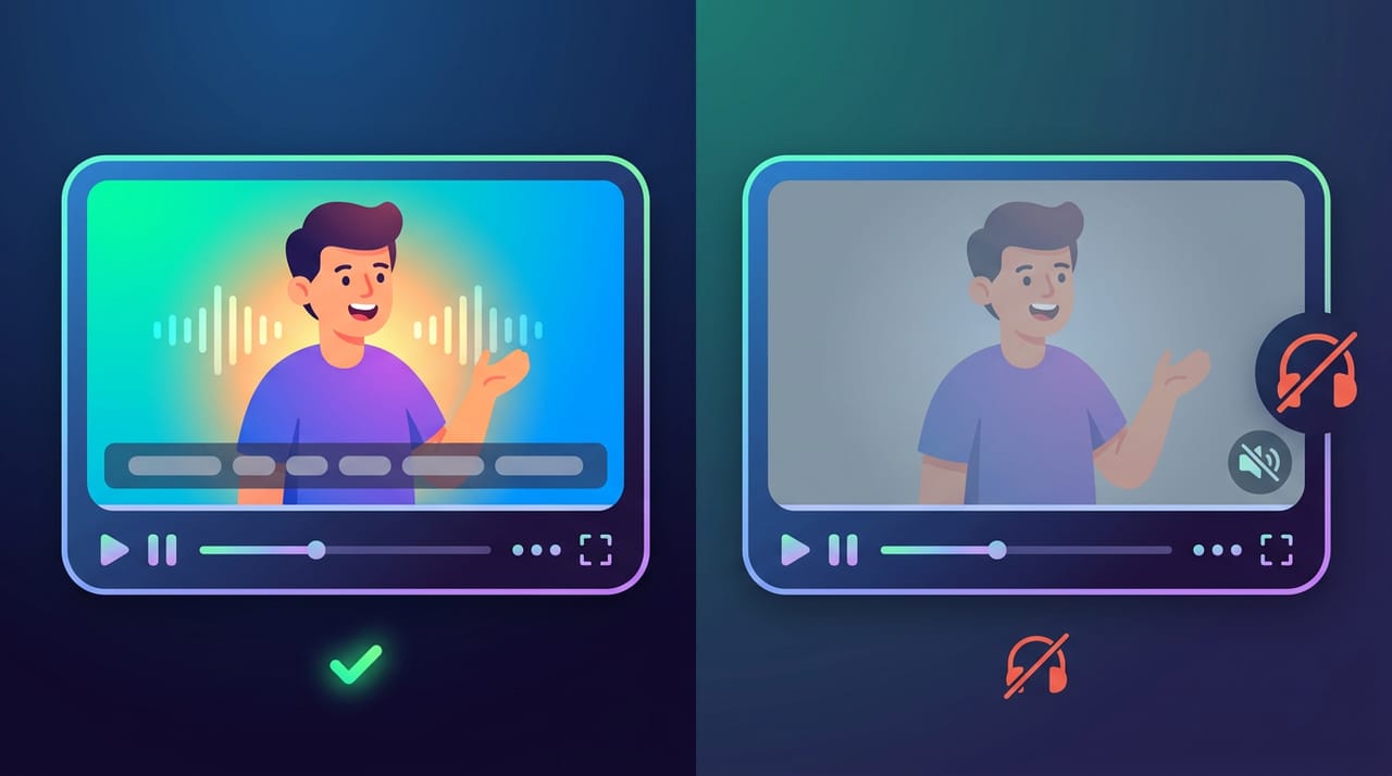 یک پخش‌کنندهٔ ویدیو با نوار زیرنویس روشن در پایین تصویر، و کنارش همان ویدیو بدون زیرنویس با علامت صدای قطع
