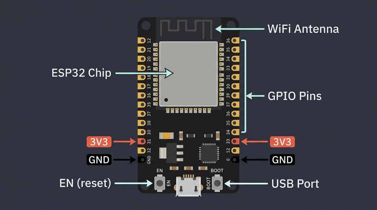 آناتومی برد ESP32 از بالا: چیپ اصلی با محافظ فلزی و آنتن WiFi در بالای برد، پورت USB و دکمههای EN و BOOT در لبهٔ پایین، دو ردیف پایهٔ طلایی شمارهدار در دو طرف و پایههای 3V3 و GND برجستهشده