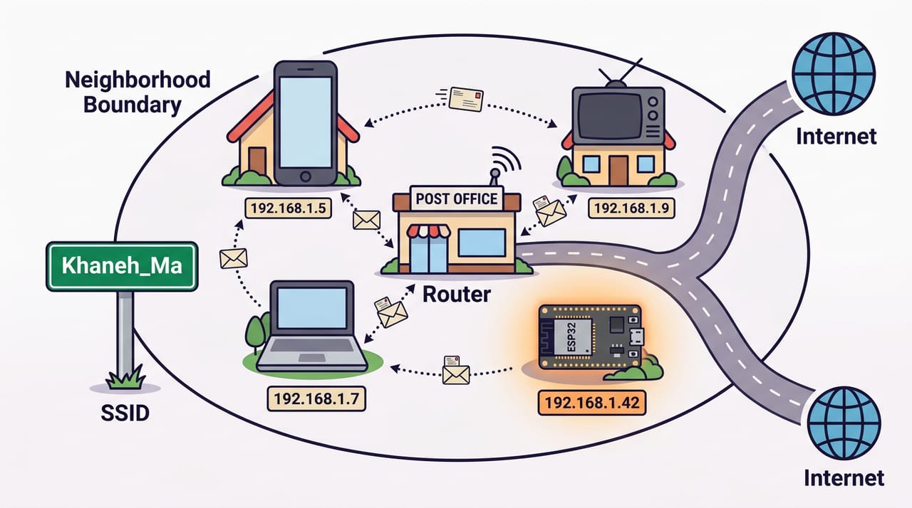 نقشهٔ یک محله بهعنوان مدل شبکهٔ خانگی: وسطش یک اداره پست با آنتن WiFi که رویش نوشته Router، دور تا دورش چند خانه با پلاک عددی مثل 192.168.1.7، و خانهٔ برد ESP32 با پلاک 192.168.1.42 که با نور گرم بهعنوان تازهواردِ محله برجسته شده؛ یک جاده هم از محله بهسمت کرهٔ زمین با برچسب Internet میرود