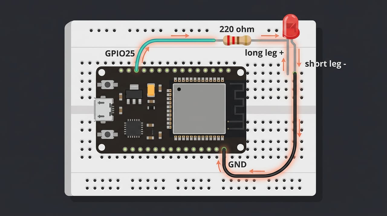 نقشهٔ مدار این فصل: از پایهٔ GPIO25 برد ESP32 سیمی به مقاومت ۲۲۰ اهم میرود، از مقاومت به پایهٔ بلند LED، و پایهٔ کوتاه LED با سیم مشکی به GND برمیگردد