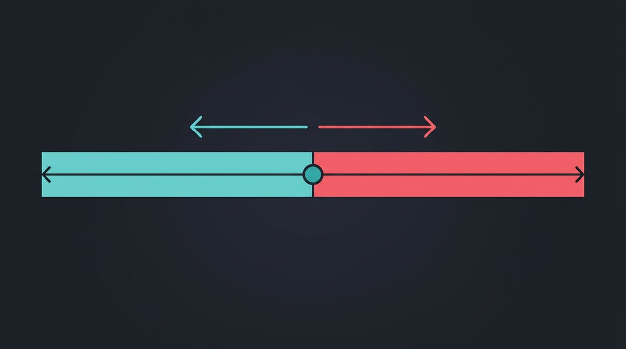 یک محورِ افقیِ عرض با یک نقطهٔ breakpoint در وسط: بازهٔ سمتِ باریک با یک رنگ برای max-width و بازهٔ سمتِ پهن با رنگی دیگر برای min-width، تا نشان دهد هر جهت کدام طرفِ مرز را میپوشاند