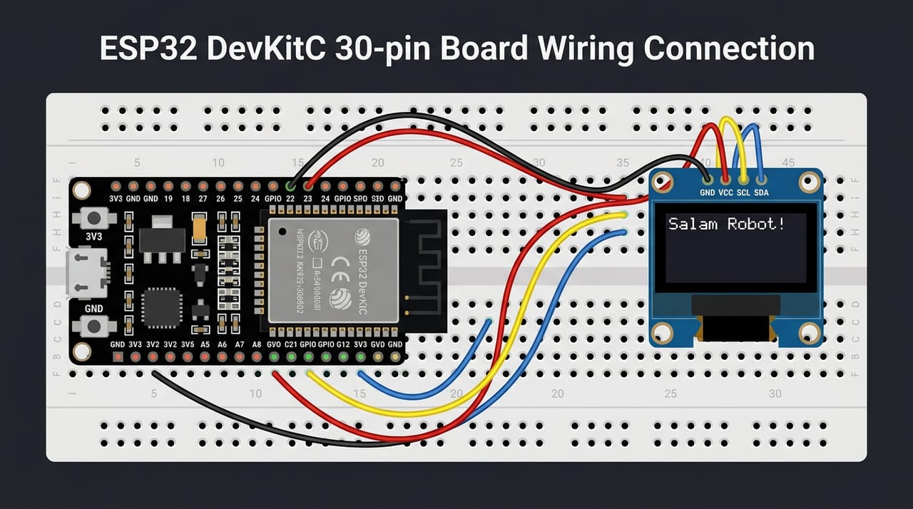 سیمکشی OLED به ESP32: چهار سیم — GND به GND، VCC به 3V3، SCL به پایهٔ ۲۲ و SDA به پایهٔ ۲۱