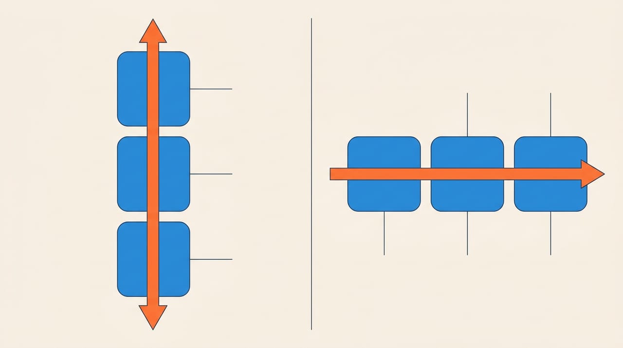 مقایسهٔ flex-direction: در حالتِ row سه کارت در یک ردیفِ افقی، در حالتِ column همان سه کارت در یک ستونِ عمودی، با پیکانِ main axis که در هر حالت جهتش عوض شده