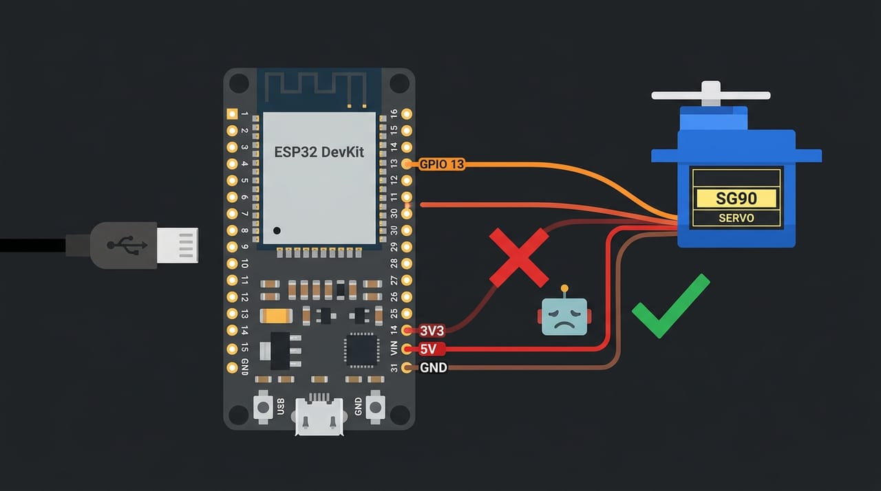 سیمکشی Servo به ESP32: سیم نارنجی فرمان به پایهٔ ۱۳، سیم قرمز تغذیه به VIN و سیم قهوهای به GND — با علامت هشدار روی 3V3