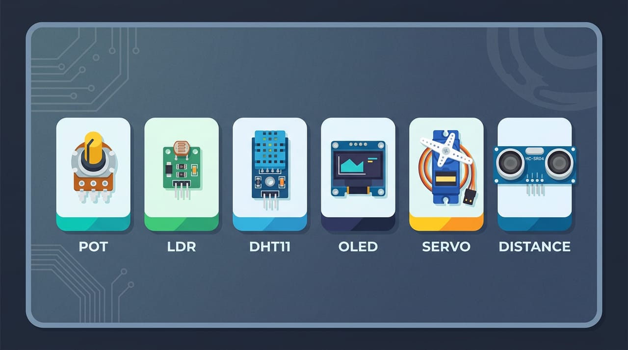شش قطعهٔ کیت ترم ۲ روی میز، هر کدام در کارت خودش: پتانسیومتر چرخان، سنسور نور LDR، ماژول آبی دما و رطوبت DHT11، نمایشگر کوچک OLED، موتور Servo با پرههای سفید و سنسور فاصلهٔ دوچشمی