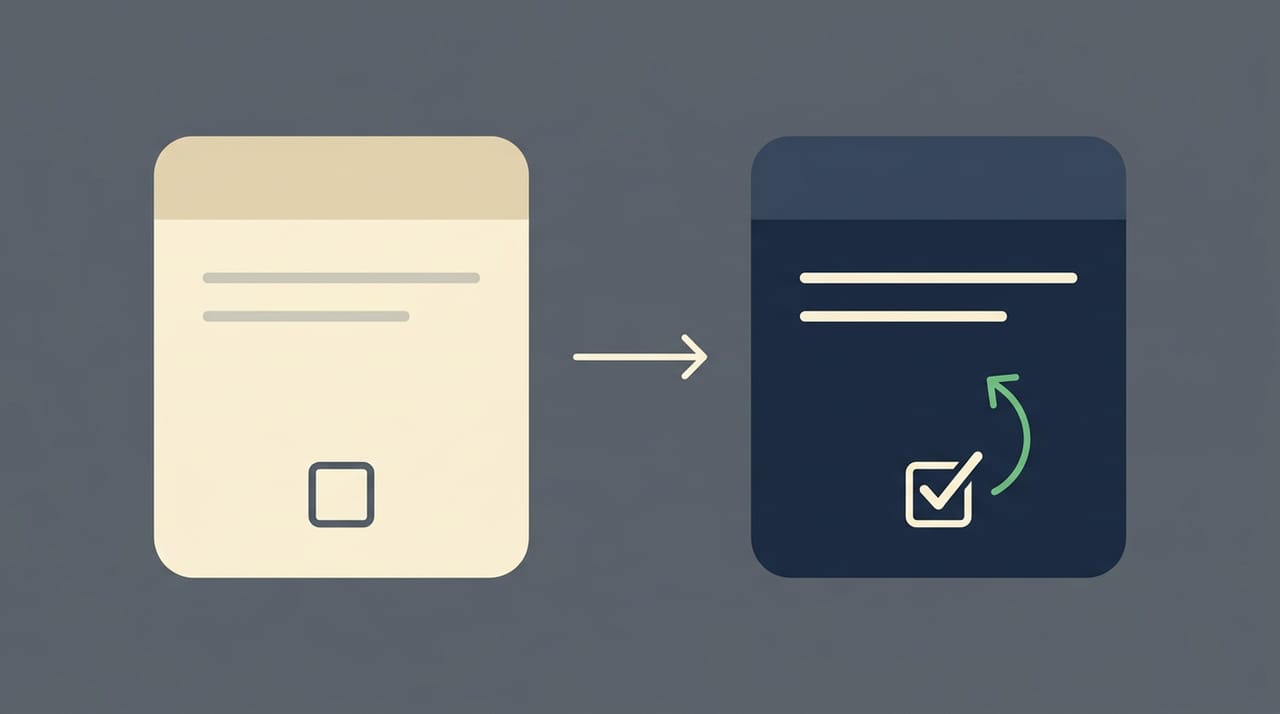 دو حالتِ یک کارت: چپ روشن با checkbox خالی، راست تیره با checkbox تیکخورده؛ فلشی از تیک به کلِ کارت نشان میدهد که تیک، کارت را تیره کرده
