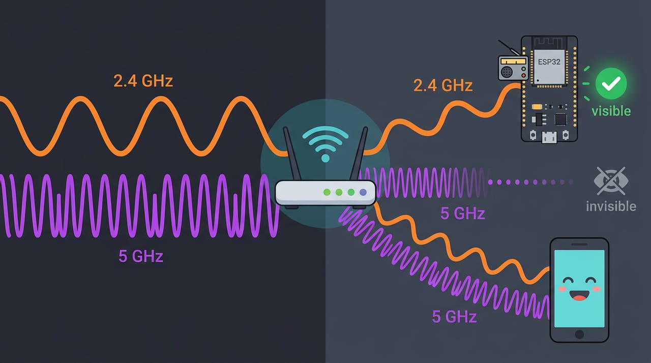 نمودار دو باند WiFi: یک روتر وسط که دو موج پخش میکند، یک موج نارنجیِ پهن با برچسب 2.4 GHz و یک موج بنفشِ فشرده با برچسب 5 GHz؛ سمت راست برد ESP32 که فقط موج نارنجی به آن میرسد و یک تیک سبز visible روشن میشود، در حالی که موج بنفش قبل از رسیدن محو میشود با علامت invisible