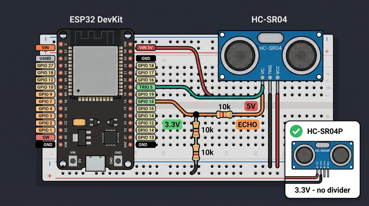 نقشهٔ سیمکشی HC-SR04 کنار برد ESP32: سیم VCC سنسور به VIN پنجولتی، TRIG مستقیم به GPIO5 و GND به GND؛ مسیر ECHO با تأکید کشیده شده: از یک مقاومت ۱۰k به GPIO18 میرسد و از همان نقطه دو مقاومت ۱۰k سری به GND میروند؛ گوشهٔ تصویر هم ماژول HC-SR04P با تیک سبز «مستقیم، بدون مقسم»