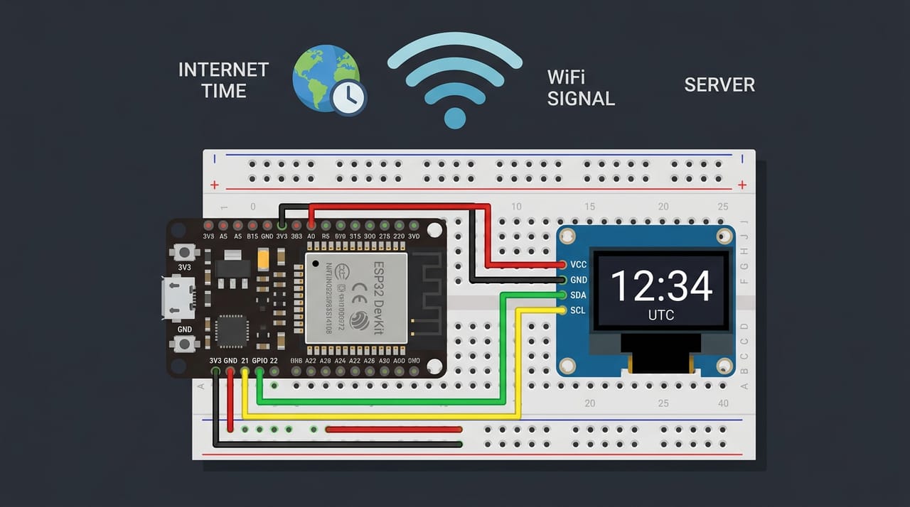 سیمکشی برد ESP32 و یک نمایشگر OLED کوچک روی Breadboard: سیم VCC نمایشگر به 3V3، GND به GND، SDA به GPIO 21 و SCL به GPIO 22؛ روی صفحهٔ OLED عددِ درشتِ 12:34 با برچسب کوچک UTC دیده میشود و بالای برد موجهای WiFi به یک کرهٔ زمین با آیکون ساعت وصلاند