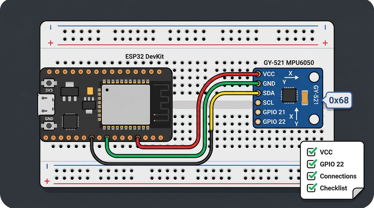 سیمکشی چهارسیمهٔ MPU6050 به ESP32: VCC به 3V3، GND به GND، SDA به پایهٔ ۲۱ و SCL به پایهٔ ۲۲؛ کنار ماژول GY-521 پلاک آدرس 0x68 شناور است