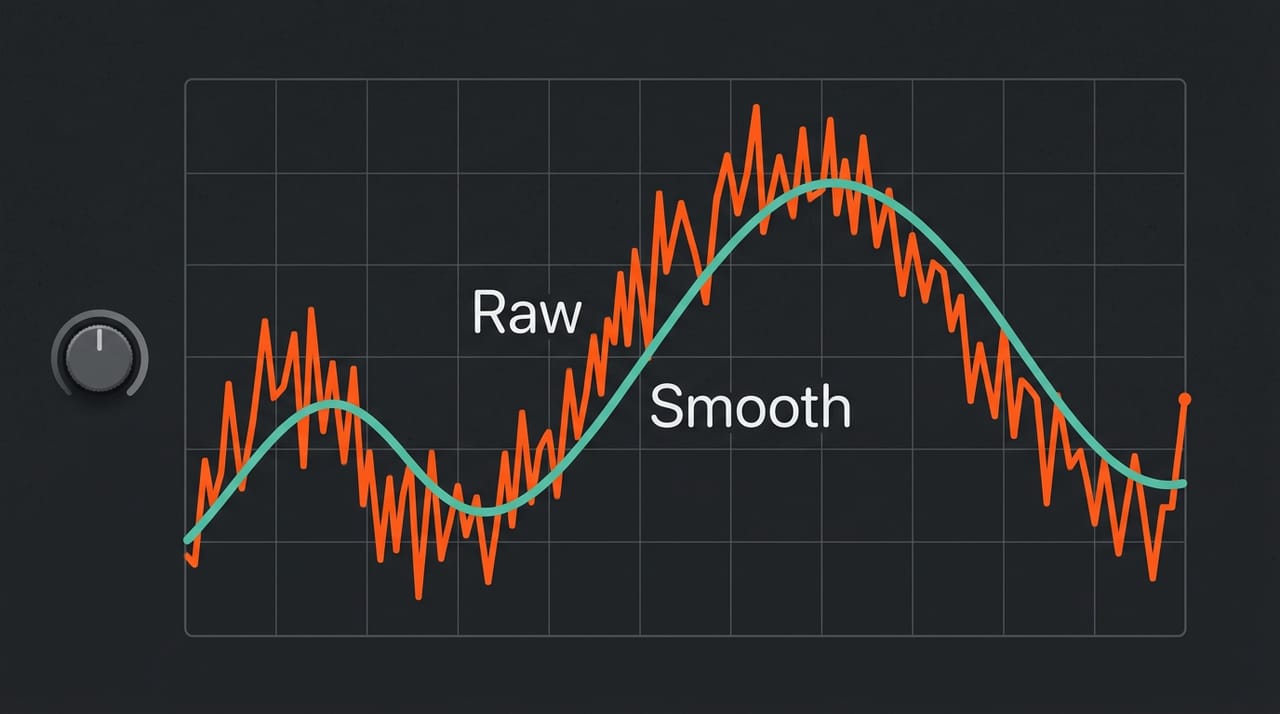 مقایسهٔ دو نمودار: خط Raw عصبی و پرپرش بالا و پایین میپرد، خط Smooth آرام و نرم همان مسیر را دنبال میکند