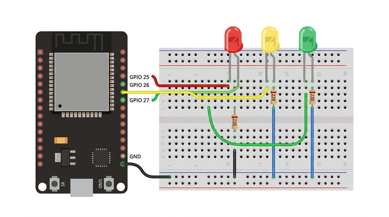 نمای بالای Breadboard با سه LED قرمز و زرد و سبز، هر کدام با مقاومت ۲۲۰ اهم به پایههای ۲۵ و ۲۶ و ۲۷ برد ESP32، و پایههای کوتاه همه به خط GND مشترک