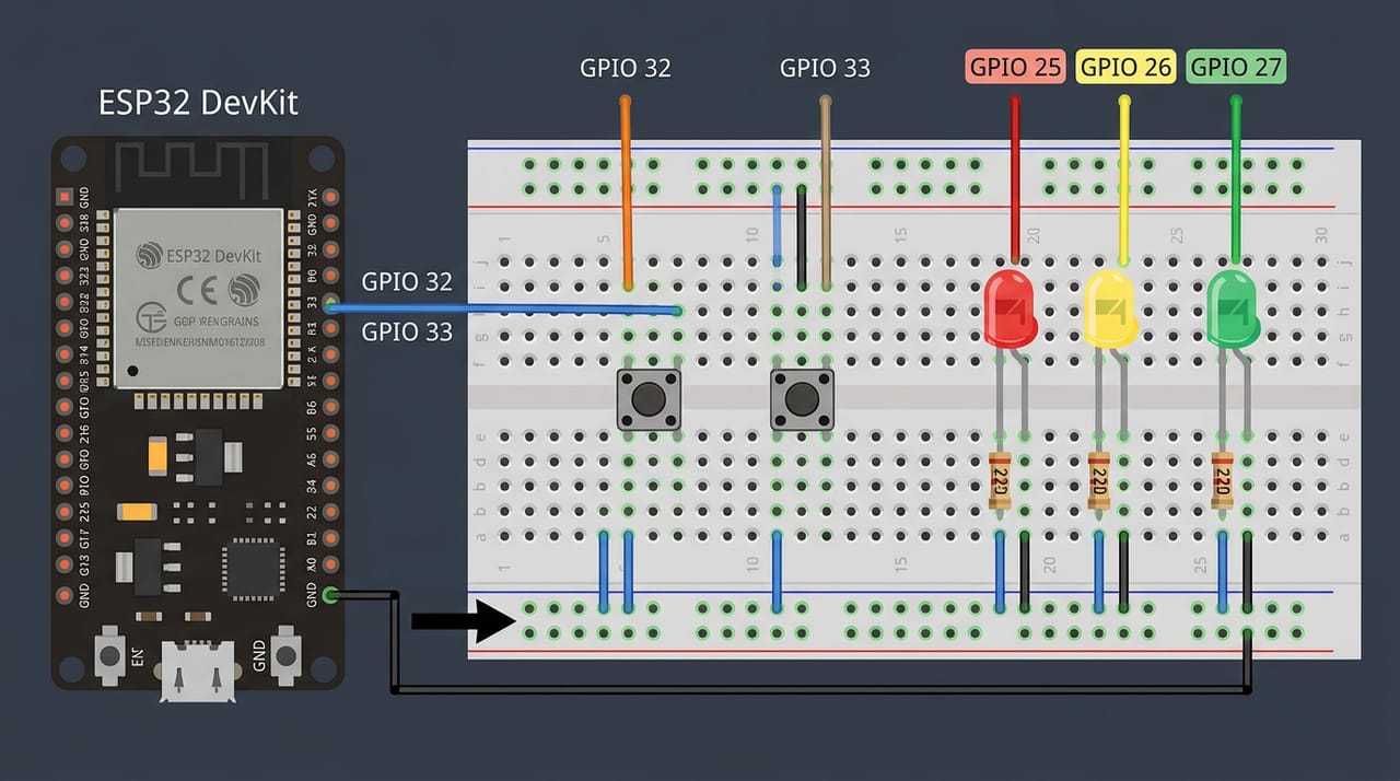 سیمکشی این فصل: دو دکمهٔ فشاری سوار بر شکاف وسط Breadboard روی پایههای ۳۲ و ۳۳، سه LED قرمز و زرد و سبز با مقاومت ۲۲۰ اهم روی پایههای ۲۵ و ۲۶ و ۲۷، و ردیف GND مشترک برای همه