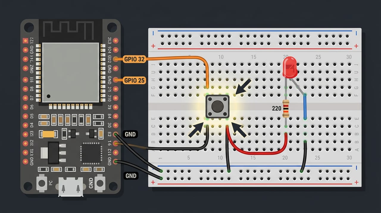 سیمکشی این فصل: دکمهٔ فشاری سوار بر شکاف وسط Breadboard با یک پایه به پایهٔ ۳۲ برد و پایهٔ آنطرف به GND، و LED قرمز با مقاومت ۲۲۰ اهم روی پایهٔ ۲۵
