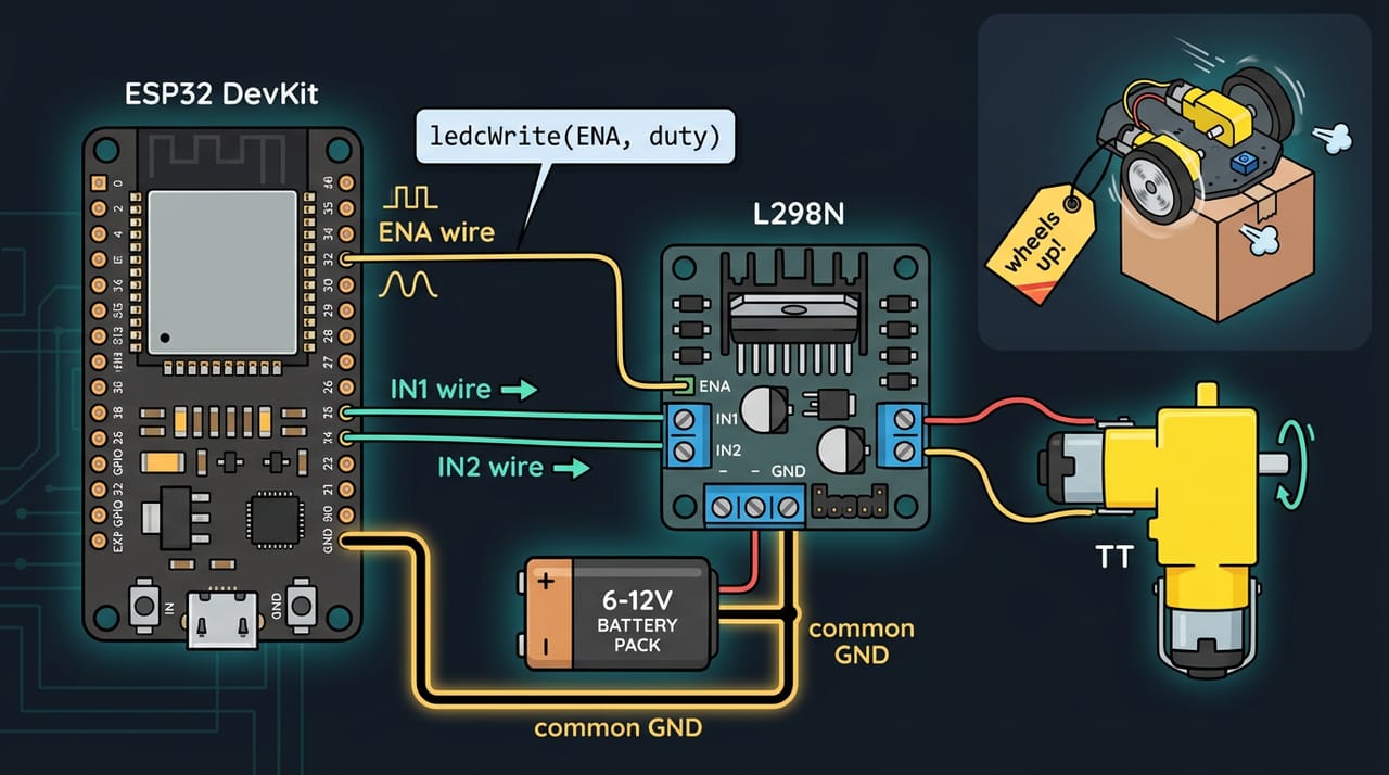 سیمکشی ESP32 به درایور L298N و یک موتور زردِ گیربکسی: سیم GPIO 32 به ENA (با نشان PWM)، GPIO 26 به IN1 و GPIO 27 به IN2، باتری و یک سیم ضخیمِ GND مشترک؛ گوشهی تصویر رباتِ دوچرخ روی جعبه با چرخها در هوا و برچسب «wheels up!»