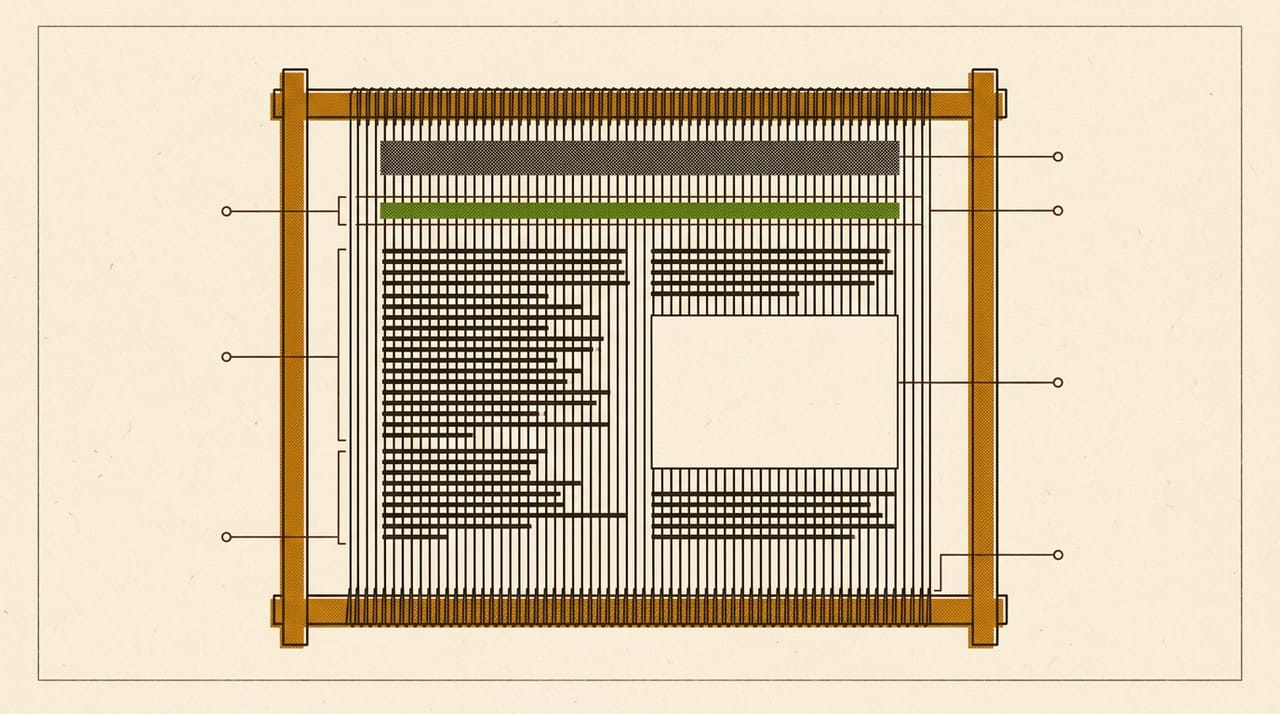 HTML: ساختار و معنا — اسکلت صفحه بهشکل تارهای عمودی دستگاه بافندگی: نوار عنوان، نوار پیمایش، خطوط پاراگراف و جای تصویر